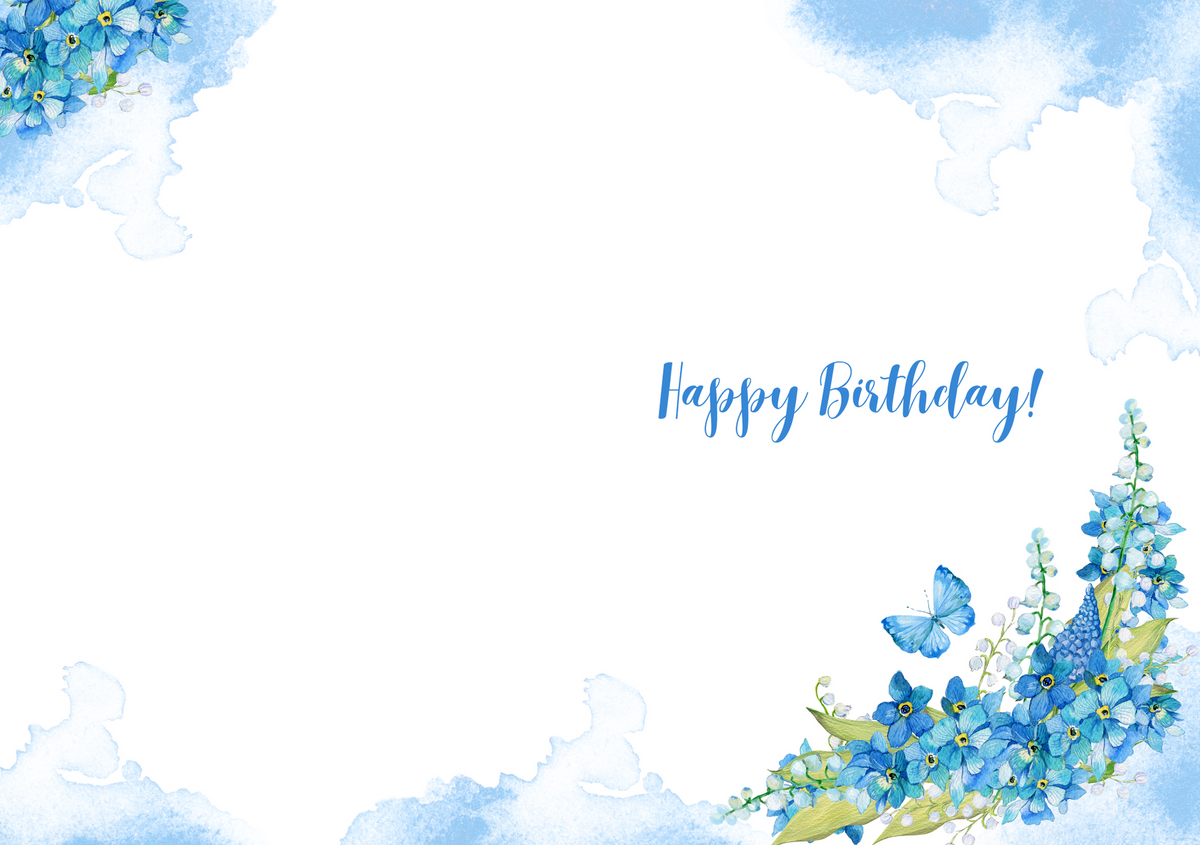 Blue watercolor floral corner greeting card with “Happy Birthday!” centered script