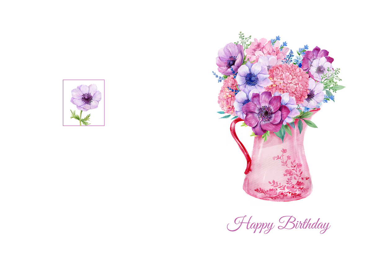 Birthday greeting card with floral bouquet in a pink vase and cursive “Happy Birthday” text