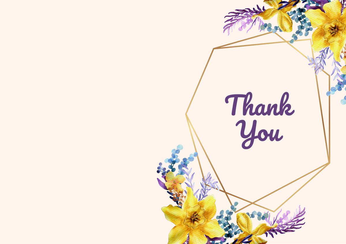 Thank-you greeting card with a golden hexagon frame and purple “Thank You” lettering