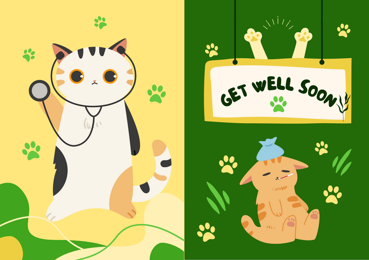 Get well soon greeting card with cute cat and dog characters and green “Get Well Soon” sign