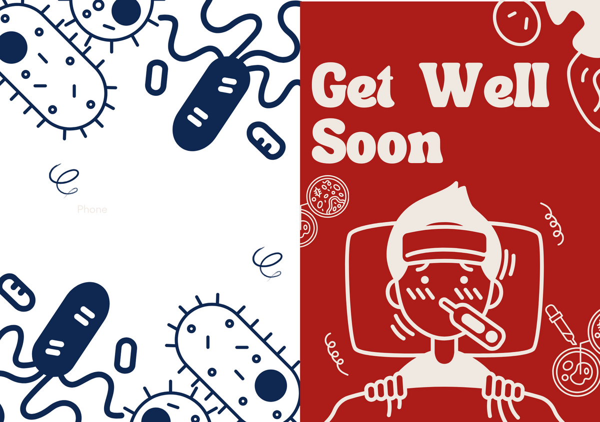 Get well soon greeting card with medical doodles and red panel reading “Get Well Soon”