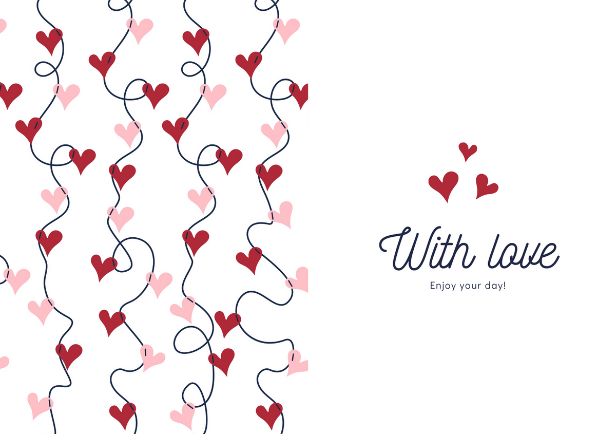 Valentine greeting card with scattered heart vines and the phrase “with love” on the right