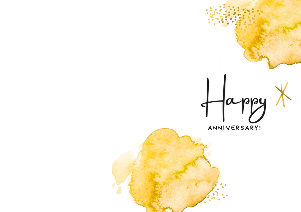 Happy Anniversary greeting card with watercolor splashes and “Happy X Anniversary!” text