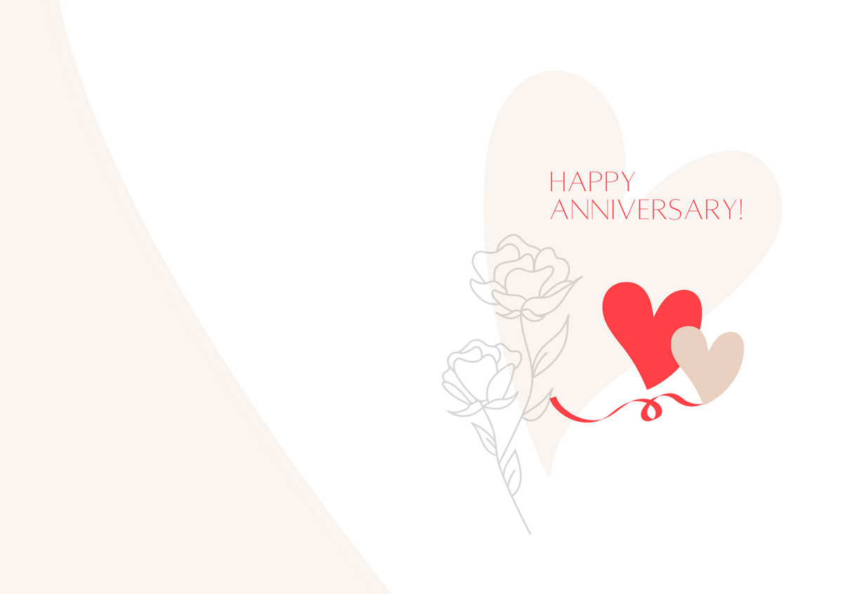 Anniversary greeting card with red hearts, ribbon and rose line art, "Happy Anniversary!"