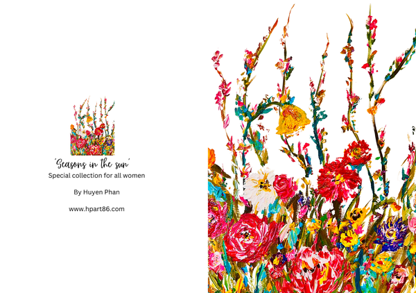 Colorful floral birthday greeting card with candles and layered bouquet art.