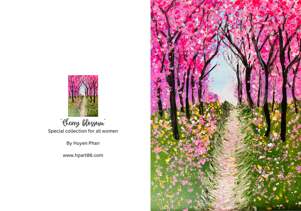 Pink tree blossom path birthday greeting card with flowers and “Happy Birthday” message.