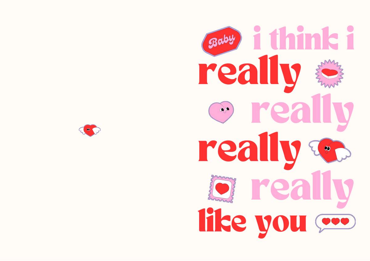 Cute kids greeting card with hearts and speech text: “i think i really really like you”.