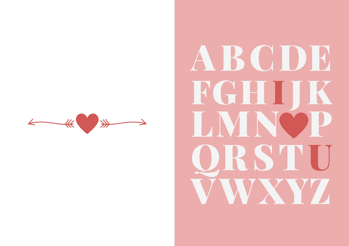 Pink alphabet letter greeting card with heart arrow icon and large serif letters A–Z.