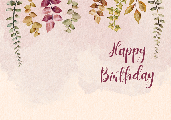 Watercolor leaves and “Happy Birthday” script greeting card with green vine accents.