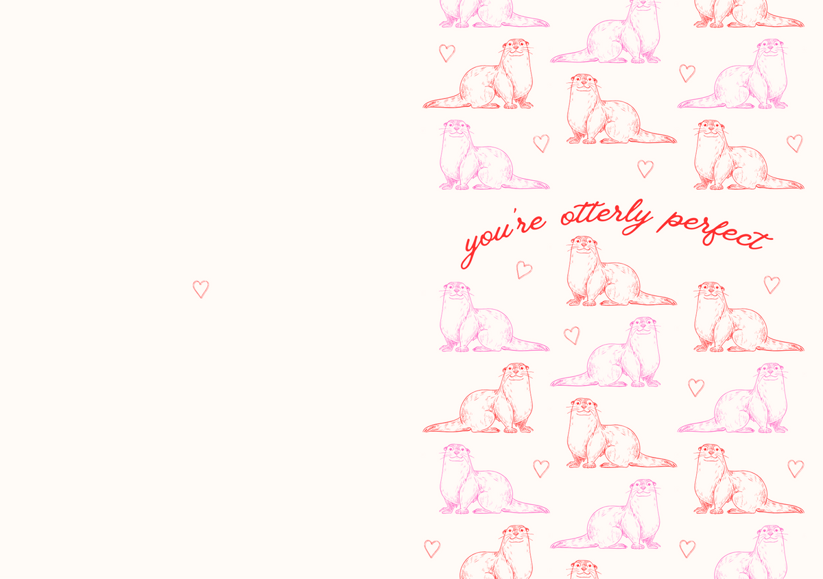 Pink bunny pattern greeting card with hearts and the message “you’re utterly perfect”