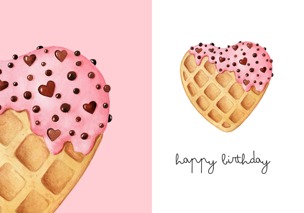 Heart-shaped waffle birthday greeting card with pink frosting and “happy birthday” text.