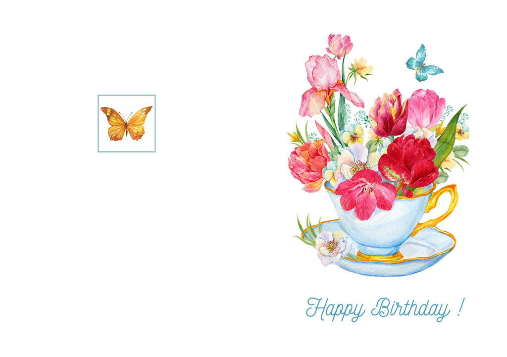 Blue teacup bouquet birthday greeting card with butterflies and “Happy Birthday!” text.