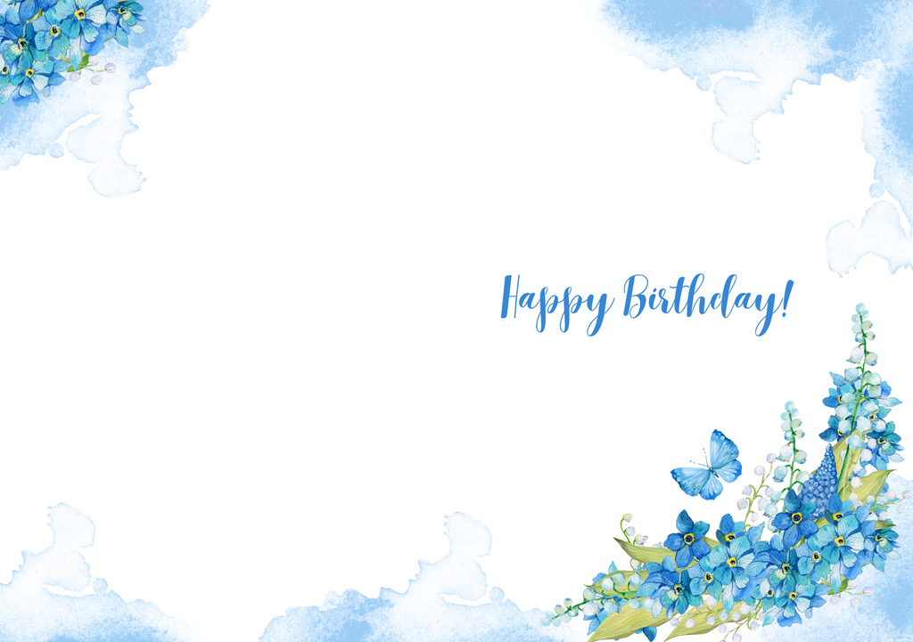 Happy Birthday greeting card with blue floral border and butterflies