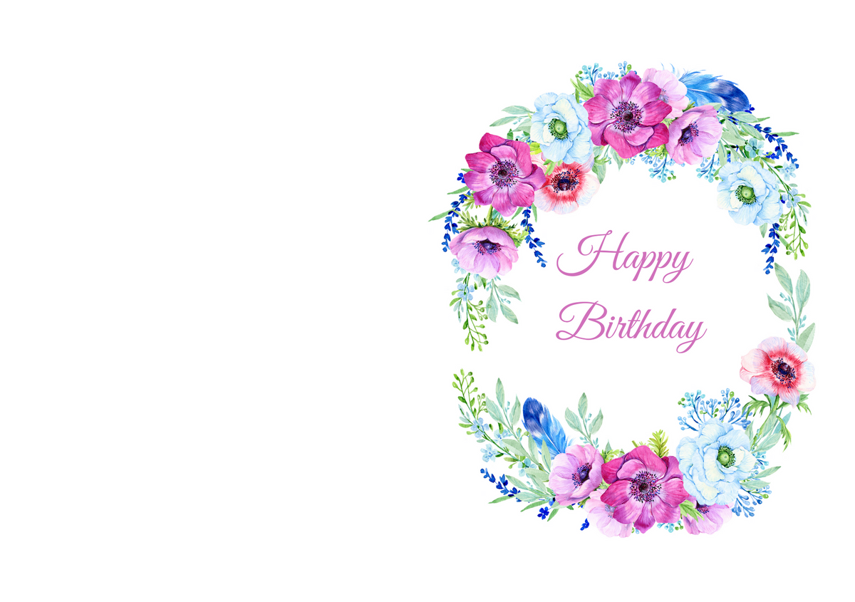 Happy Birthday greeting card with a circular floral wreath and pink cursive text