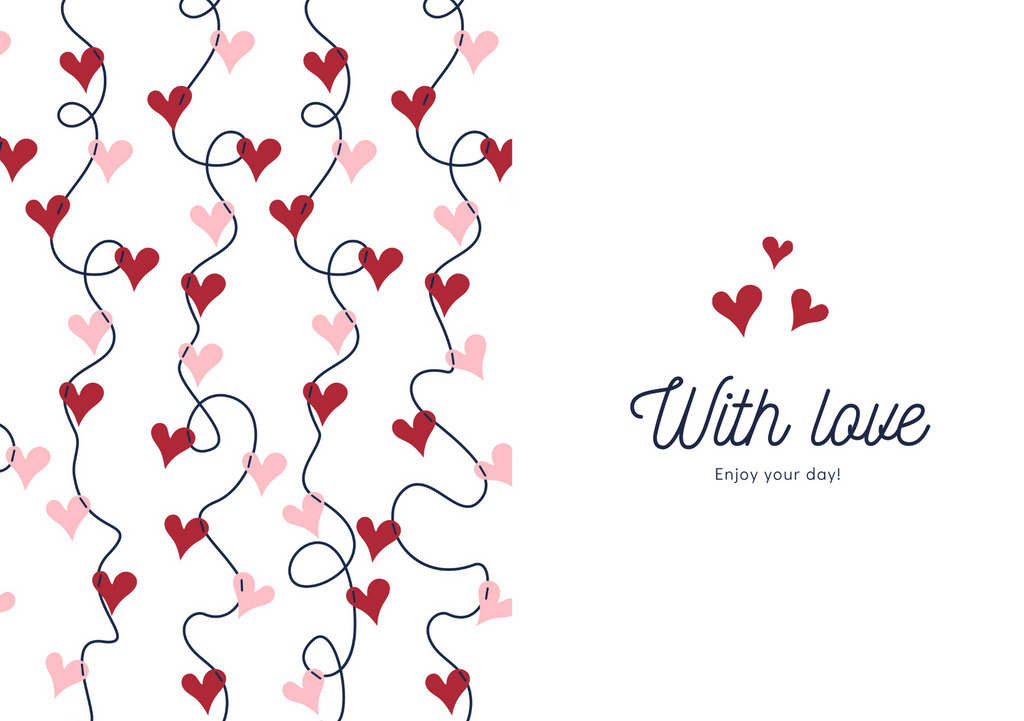 With love greeting card with scattered red and pink heart doodles and script text