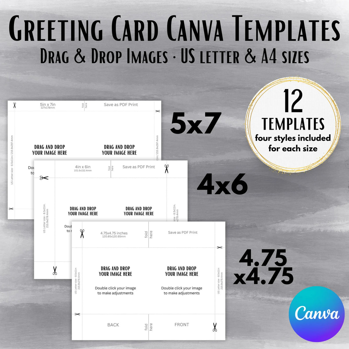 Canva greeting card template pack with 5x7, 4x6, and 4.75x4.75 size previews