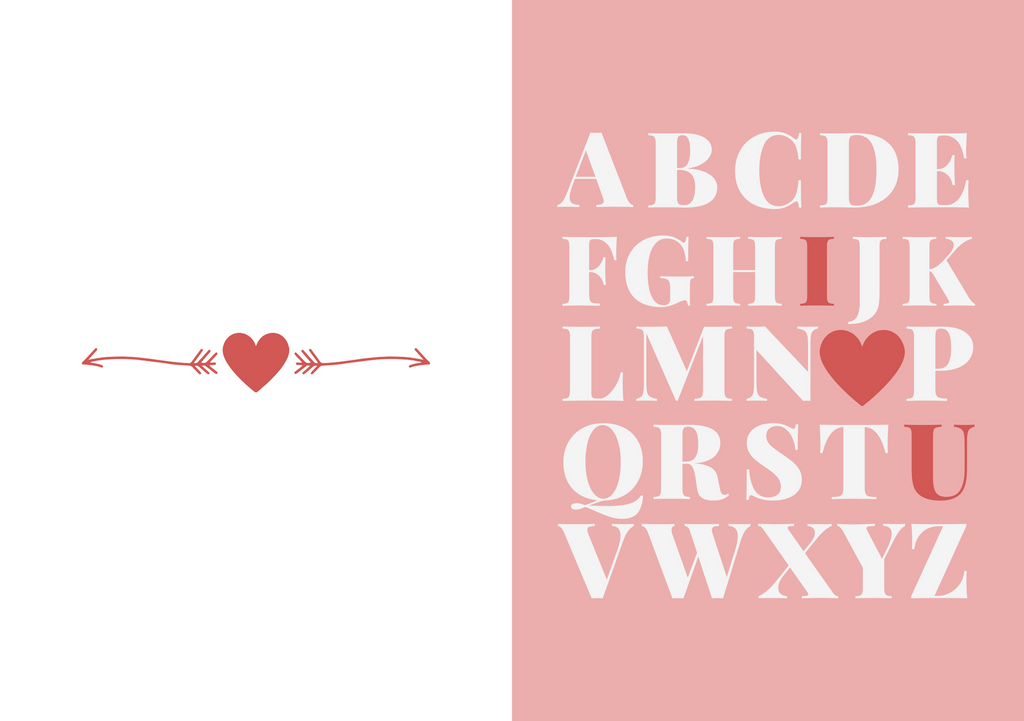 Pink alphabet greeting card with hearts and an arrow banner for letter shapes