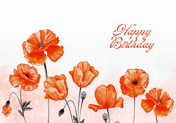 Orange poppy flower greeting card with “Happy Birthday” in cursive