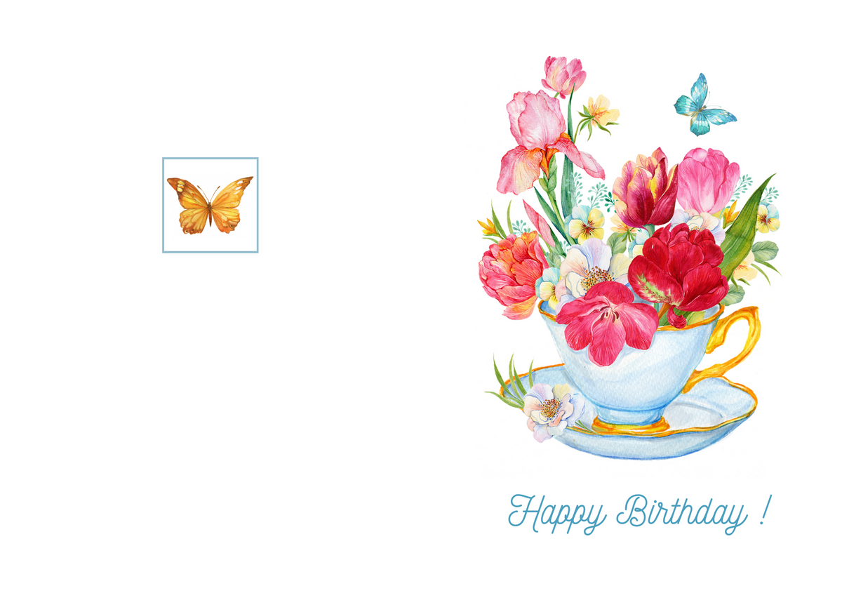 Blue teacup bouquet greeting card with butterflies and “Happy Birthday!”