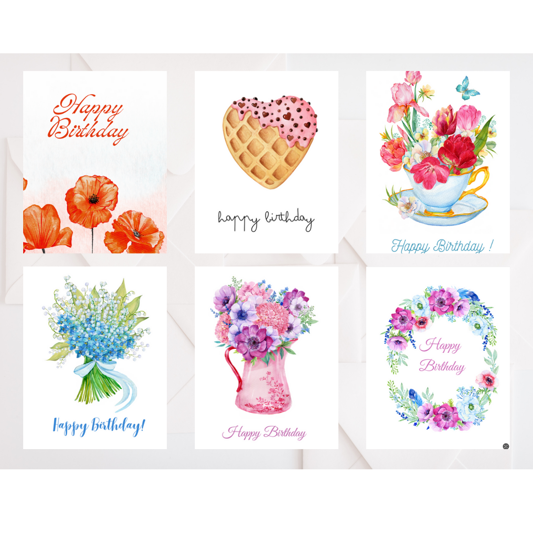 Birthday greeting card designs set with florals, heart cake, wreath, and bouquet graphics