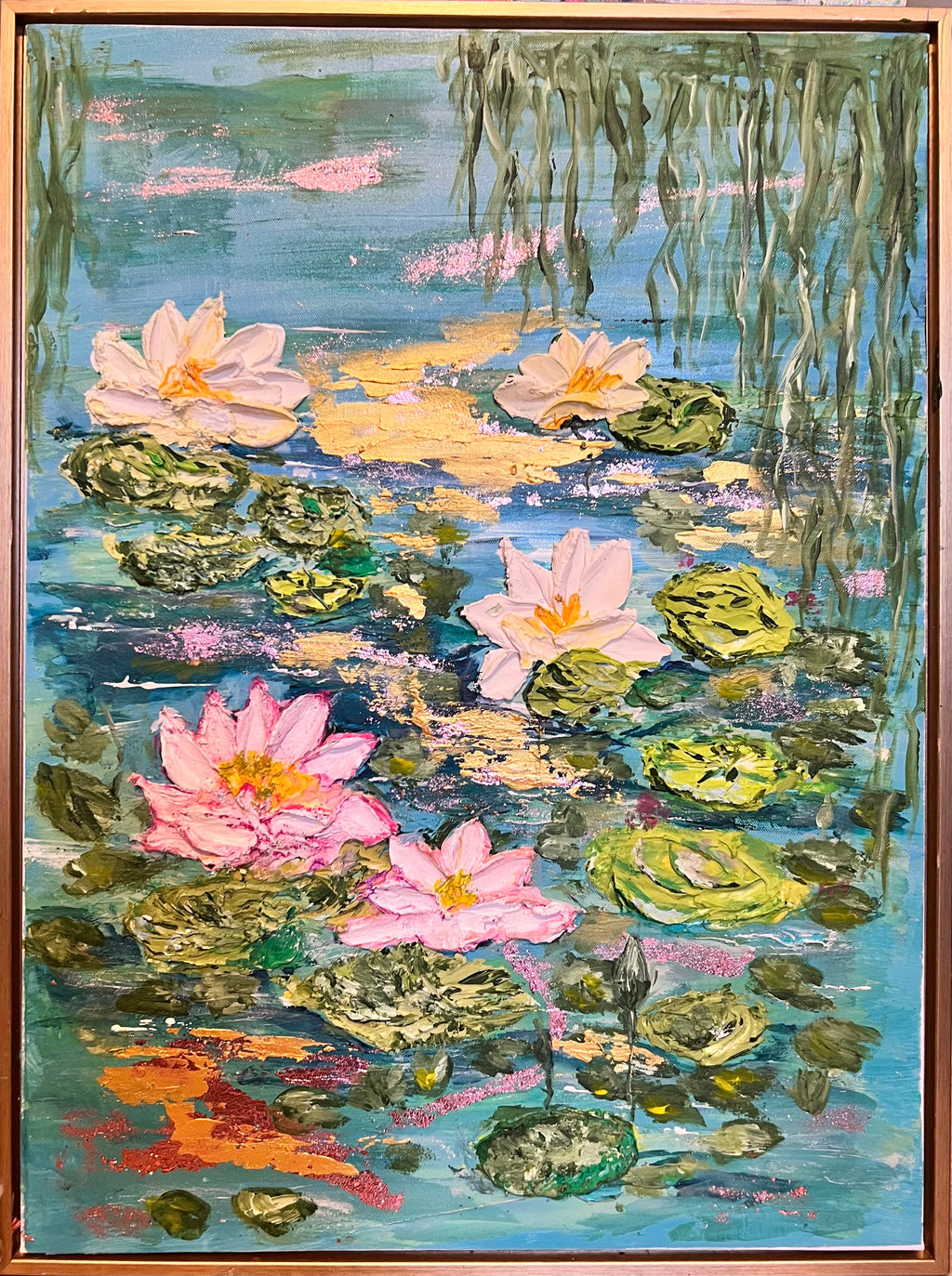 Close-up framed textured painting of lily pond with large pink flowers and green water plants