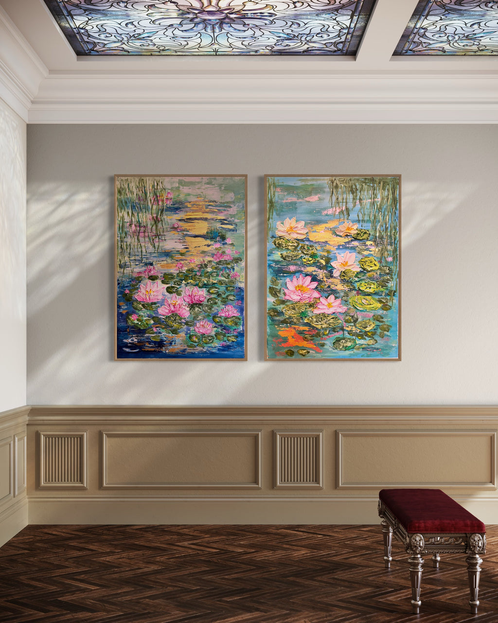 Framed textured painting of a lily pond with pink flowers, green pads, and cattails