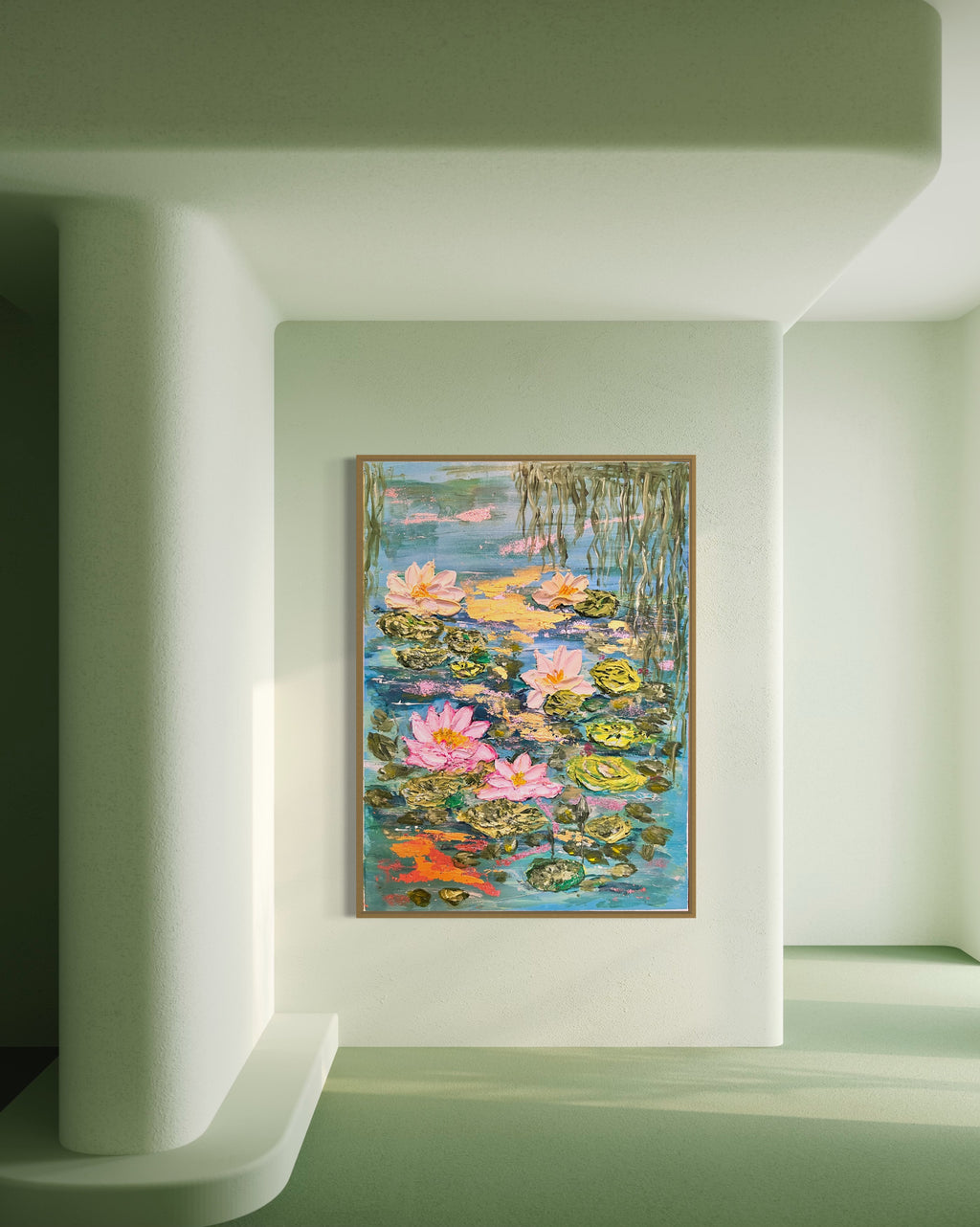 Framed lily pond painting with pink water lilies, green reeds, and rippling blue-green water