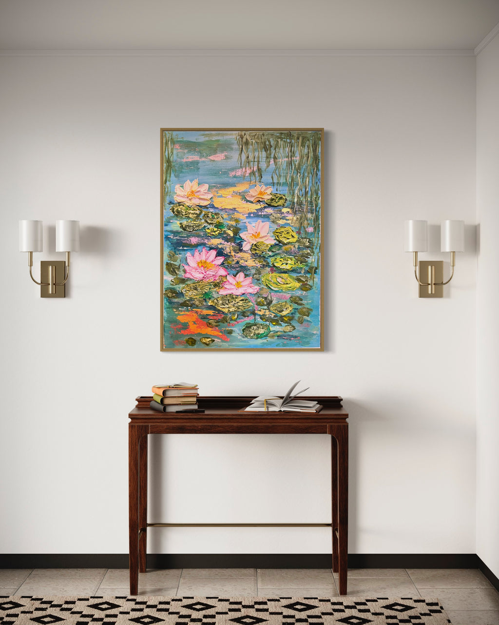 Framed textured lily pond artwork with pink blossoms, green foliage, and calm blue water