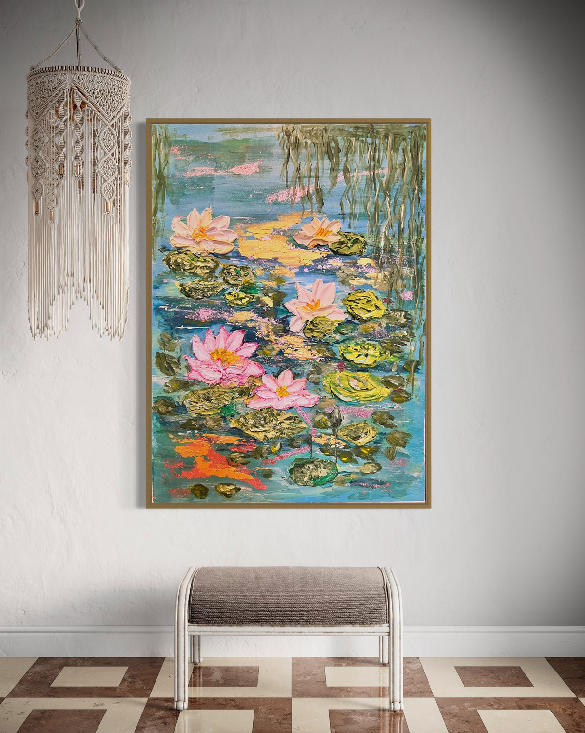 Framed lily pond painting featuring pink water lilies, algae-covered rocks, and reeds
