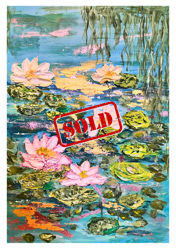 Framed lily pond painting with pink lilies and reeds, with a red “SOLD” stamp