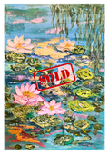 Framed lily pond painting with pink lilies and reeds, with a red “SOLD” stamp