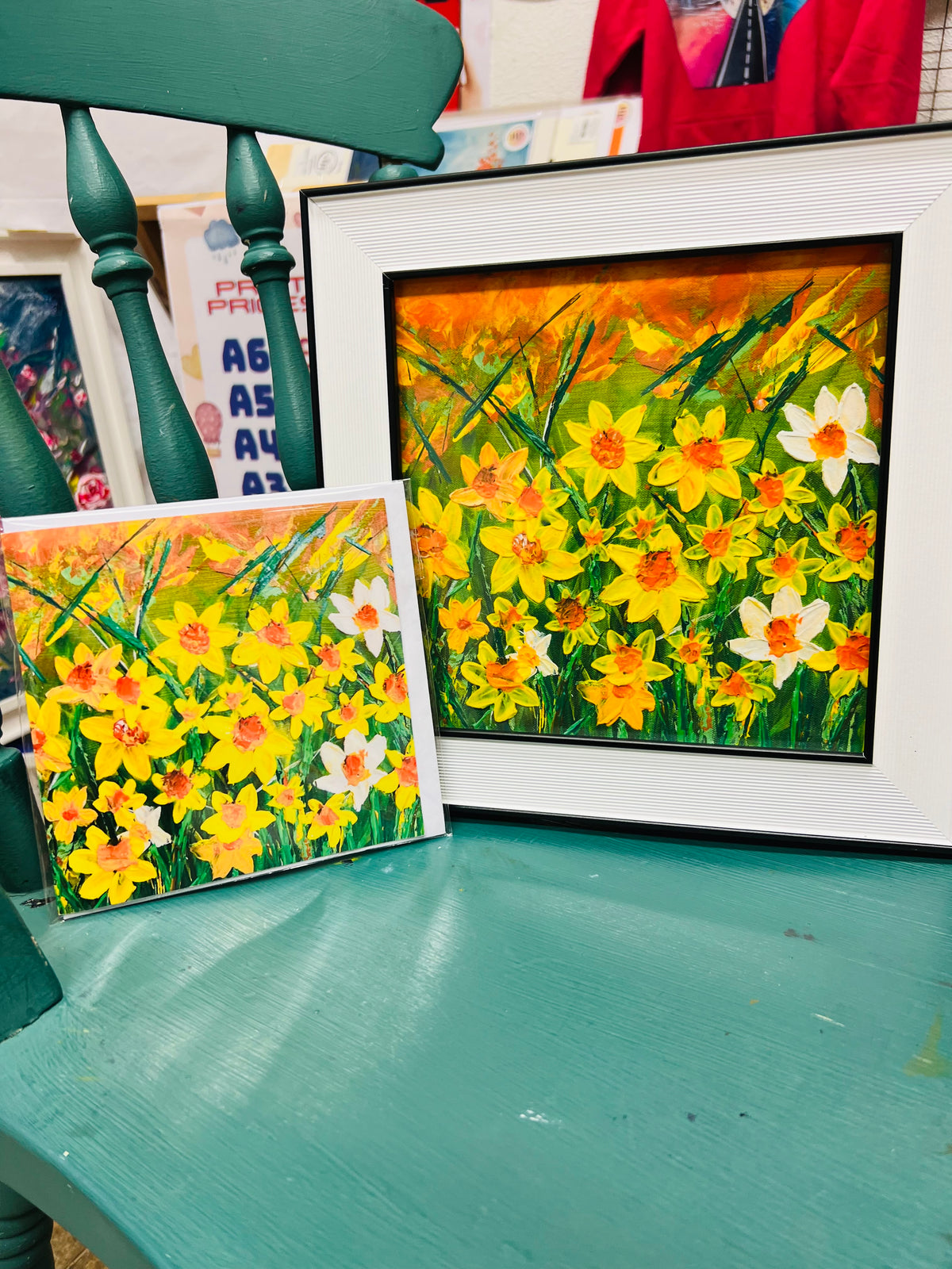 Daffodils gift set with a 10x10 framed art print and matching fine art card featuring vibrant yellow floral oil paintings.