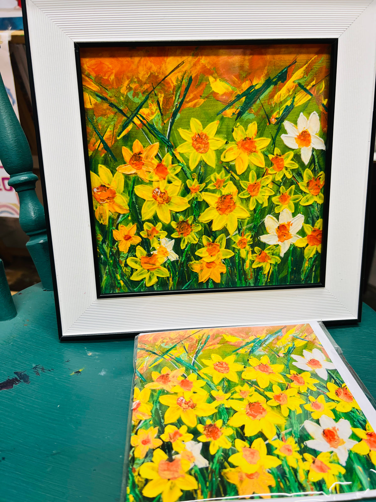 2-piece framed floral print set, white frames with bright yellow and orange daffodil flowers