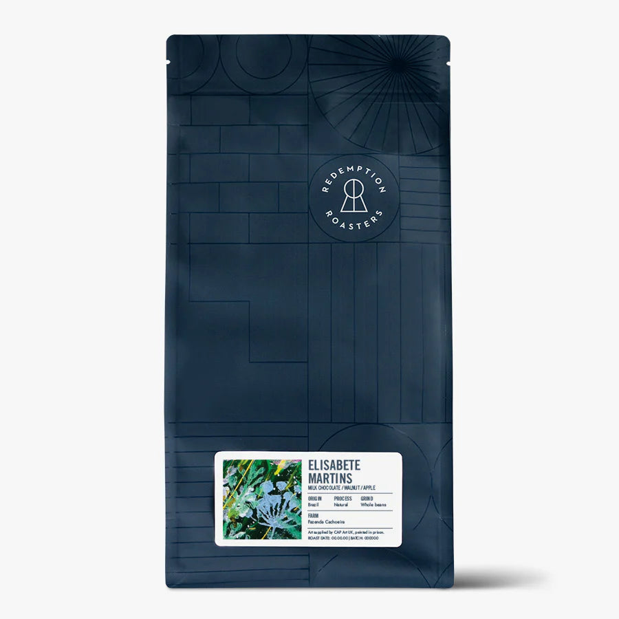 Dark blue coffee bag with ELISABETE MARTINS label and round roasters emblem