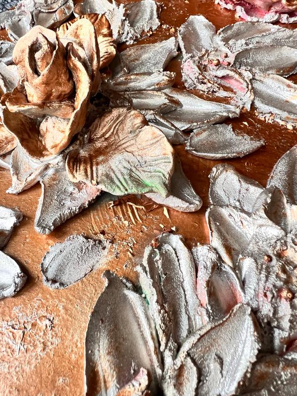 ETERNAL BLISS embossed gray leaves with bronze roses on terracotta base, close detail