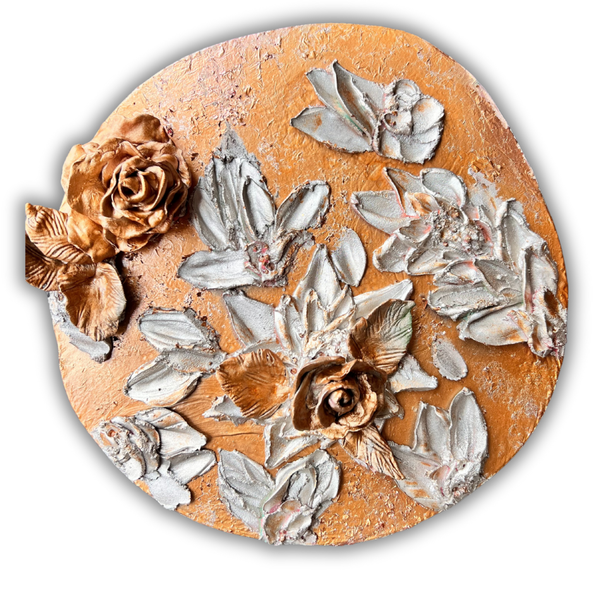 ETERNAL BLISS round floral relief ornament with bronze roses and gray leaves
