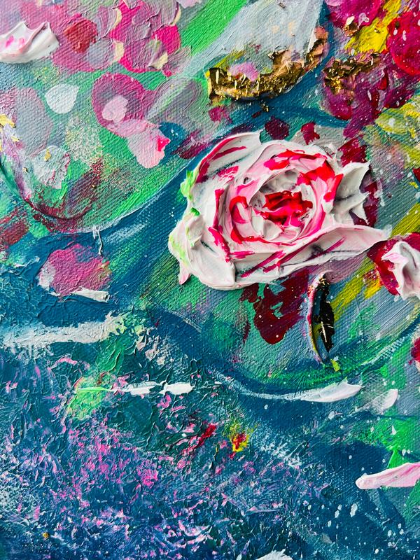 Textured floral painting close-up with a white-and-pink rose and vivid teal magenta color
