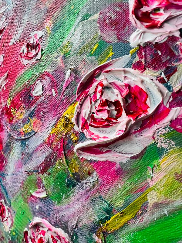 Textured floral painting with curled pink roses, green accents, and thick white impasto