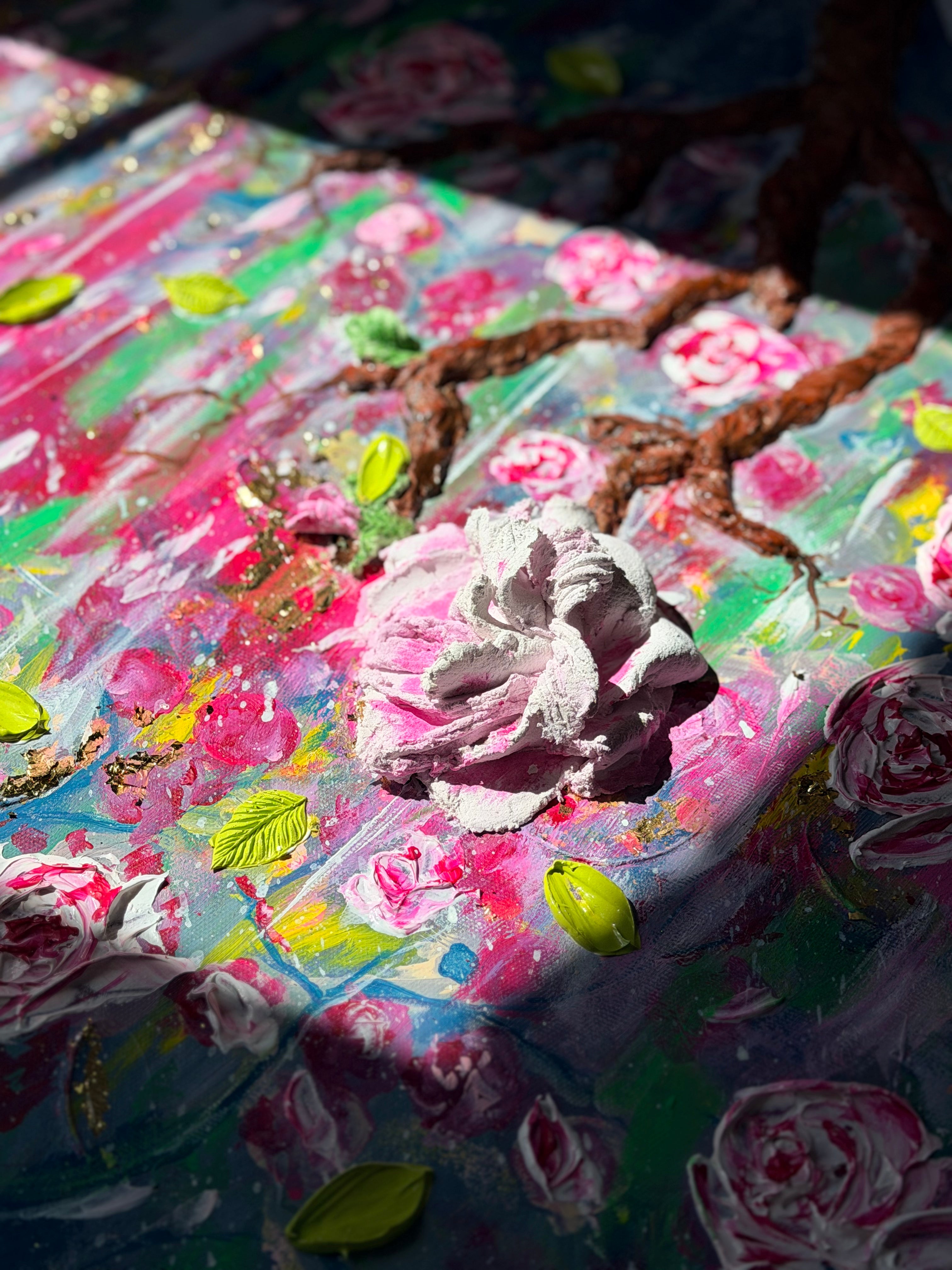 Close-up of a textured 3D rose painting with pink petals, green leaves, and blue strokes