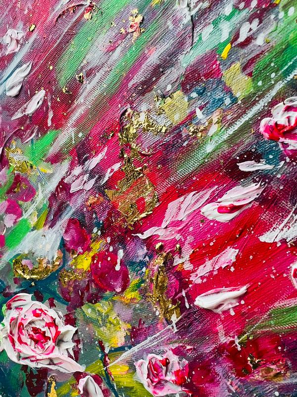 Textured floral painting with pink roses, gold accents, and colorful impasto brush texture
