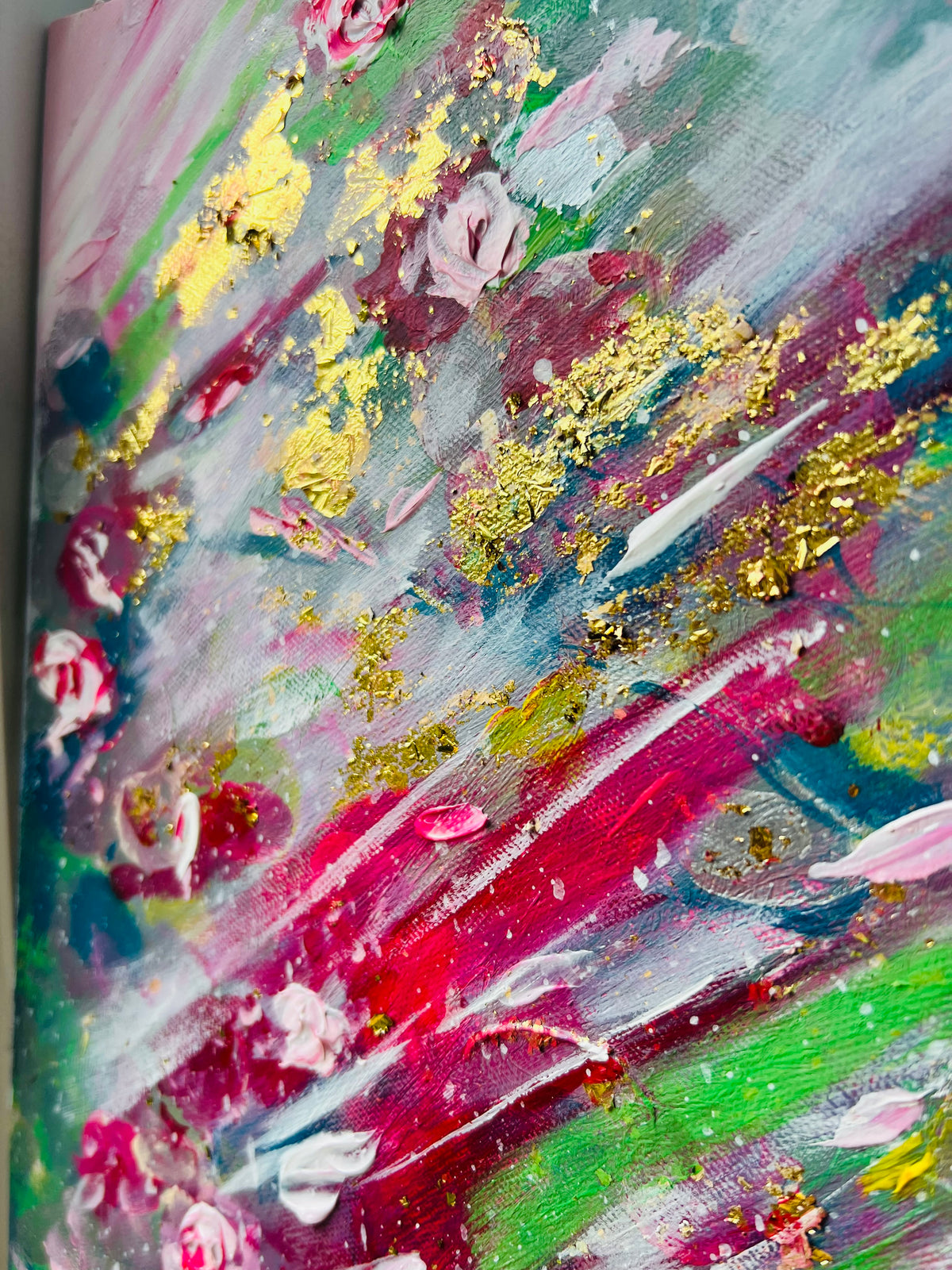 Textured floral painting with pink rose details and glittery gold strokes on teal, green