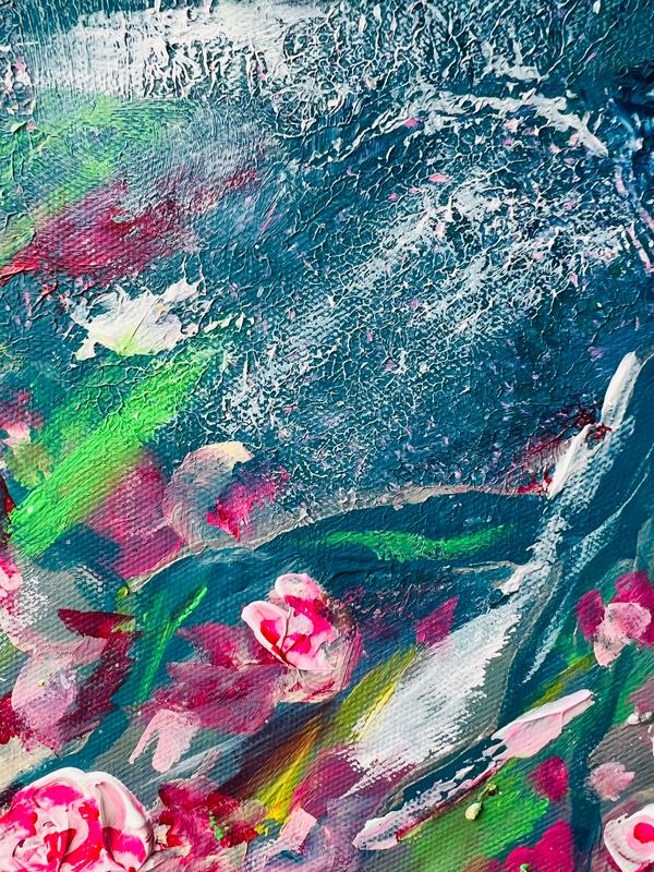 Textured floral painting with pink roses over blue-green, magenta, and multicolor paint