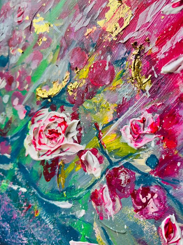 Textured floral painting with pink-and-white roses, gold specks, and layered colorful strokes