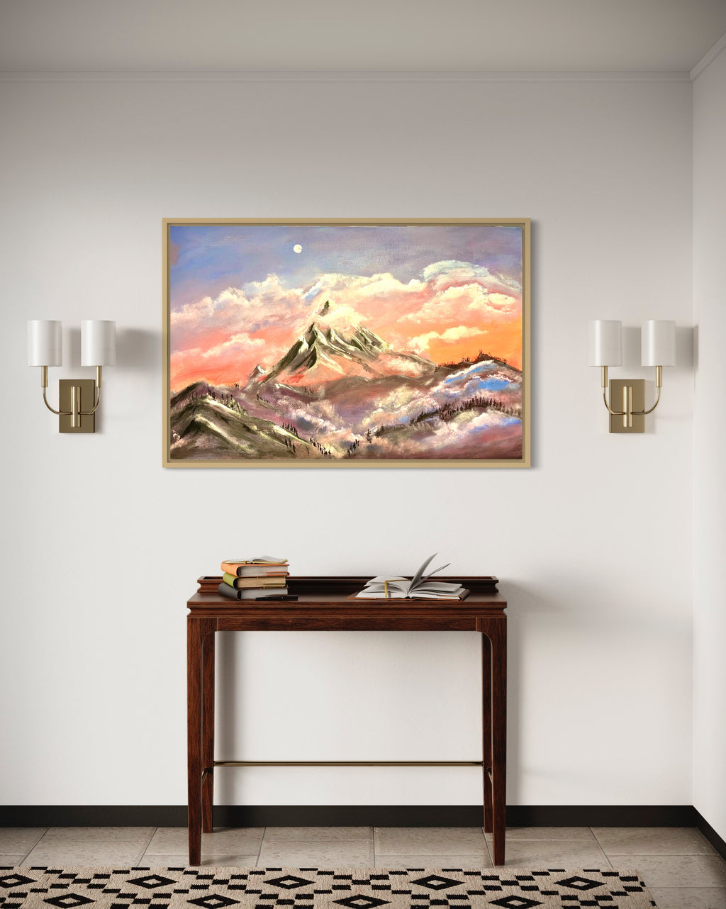 Framed mountain sunrise painting with golden frame, clouds, and snowcapped mountains