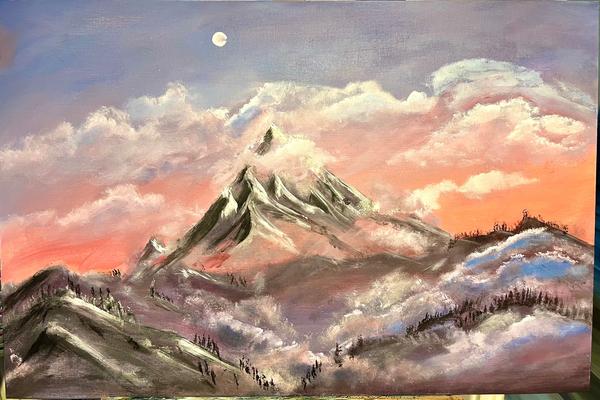 Mountain sunrise painting with snowy peaks, purple clouds, and a warm orange sky