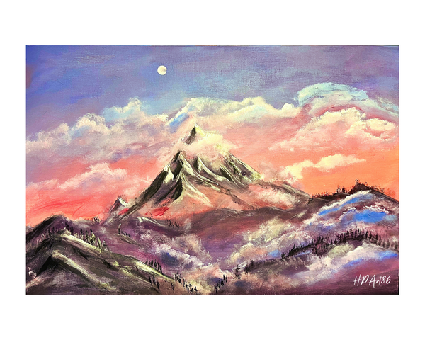 Framed mountain sunrise painting with clouds, snowy peaks, and a bright moon above