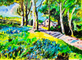 Framed watercolor landscape painting of bluebell flowers, trees, and a winding path