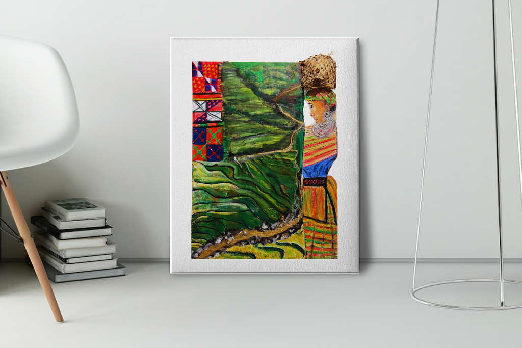 Framed wall art with green rice-terrace landscape and a profile portrait in bright clothing.