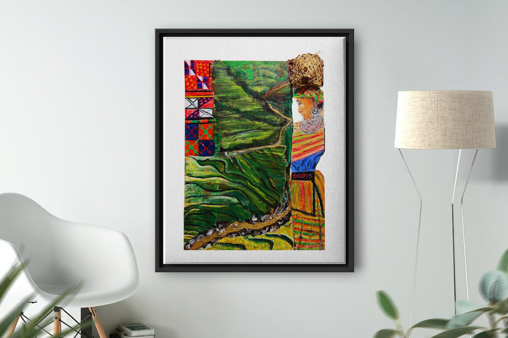 Black-framed wall art with green rice terraces and a colorful profile portrait.