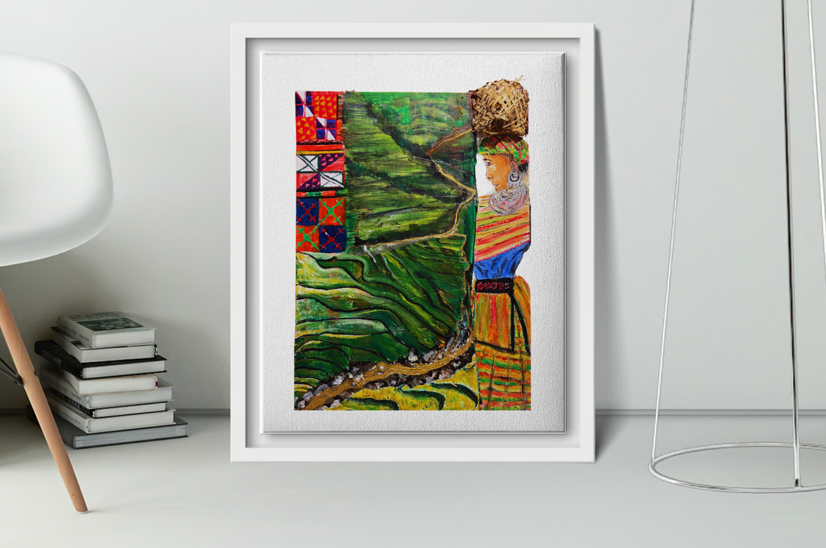 White-framed wall art with green rice terraces and a colorful profile portrait.